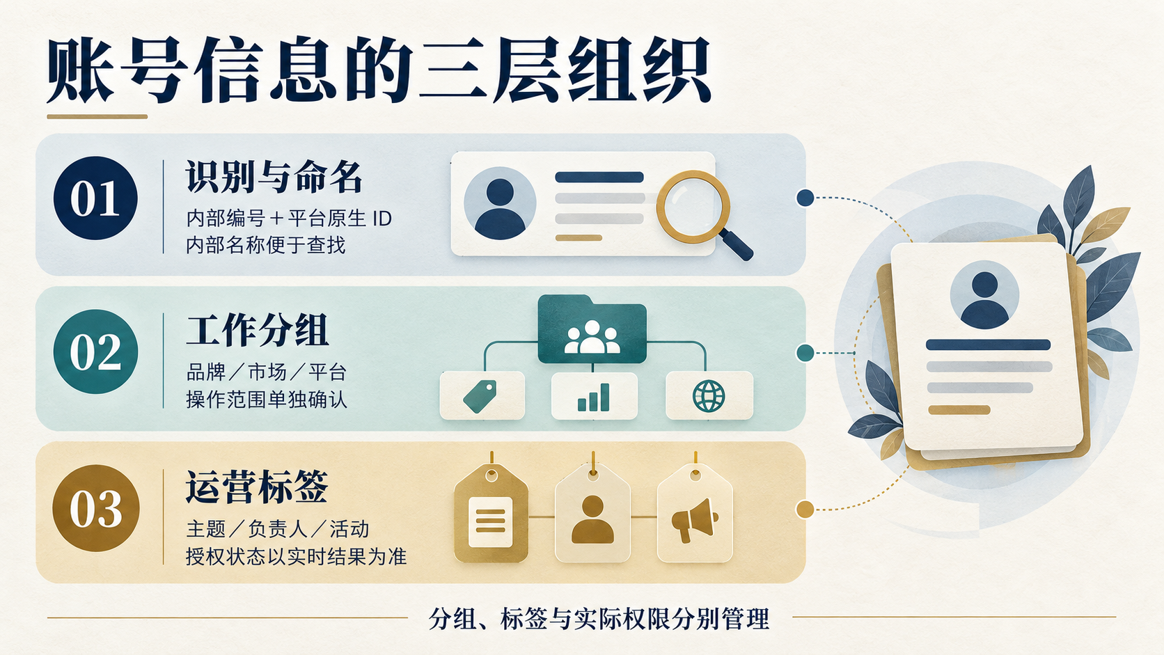 账号身份、工作分组和运营标签构成三层组织方式，分组、标签与实际权限分别管理