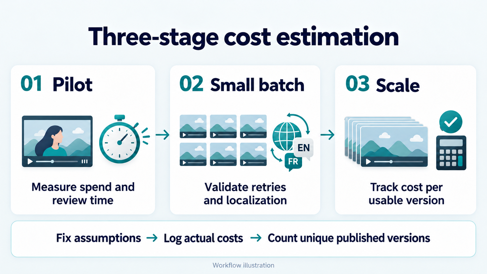 Pilot measurement, small-batch validation and batch-level review of cost per usable version