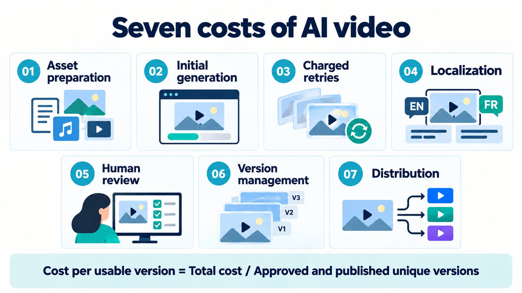 Seven cost categories, with the formula for cost per approved and published unique version
