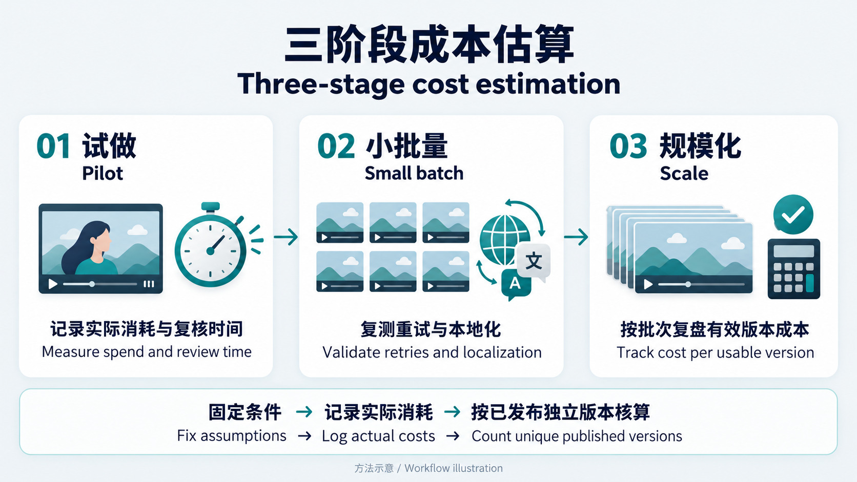 先试做记录消耗与复核时间,再小批量验证重试和本地化,最后按批次复盘有效版本成本