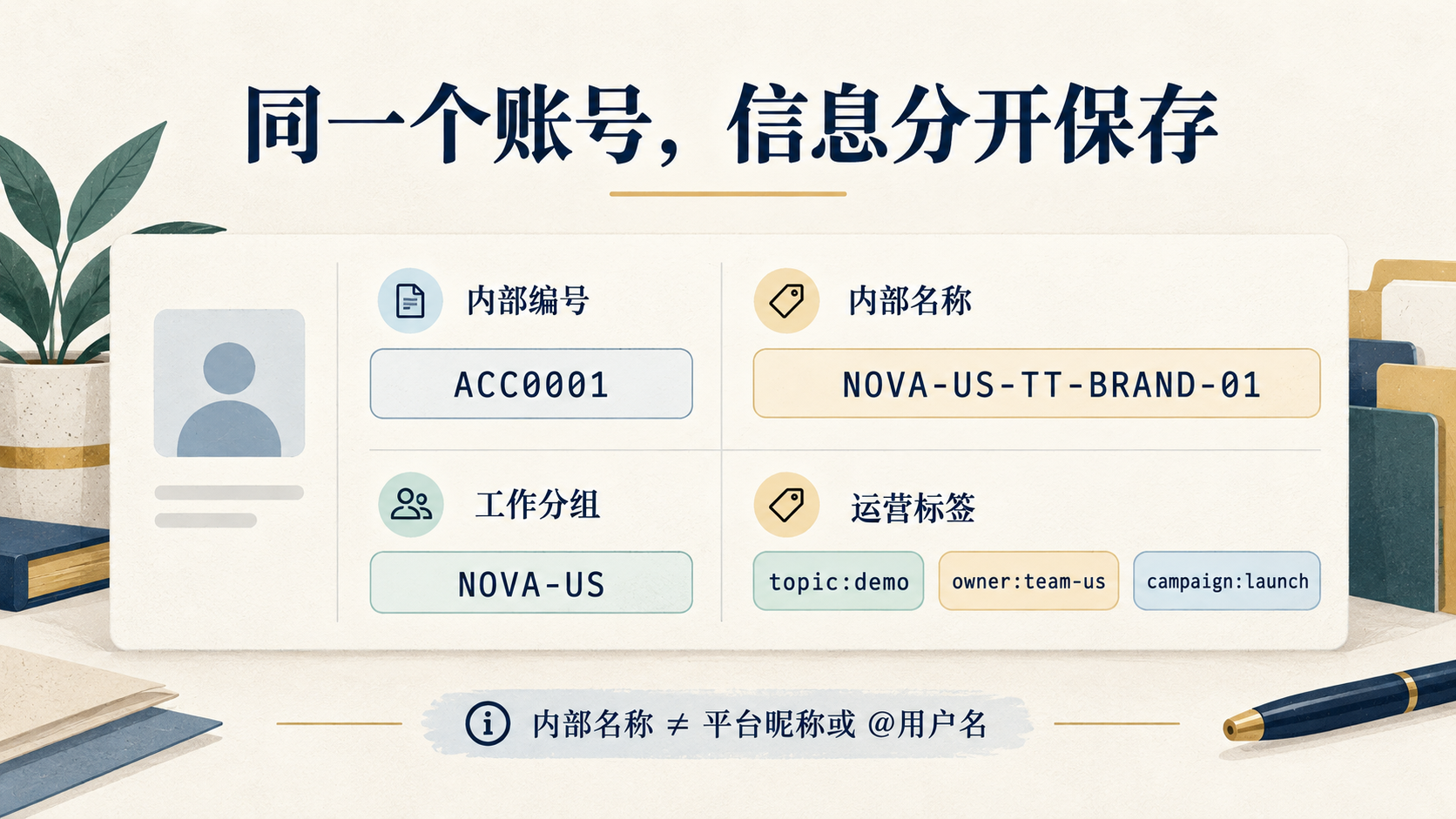 同一账号分别保存内部编号 ACC0001、内部名称 NOVA-US-TT-BRAND-01、分组 NOVA-US 及主题、负责人、活动标签