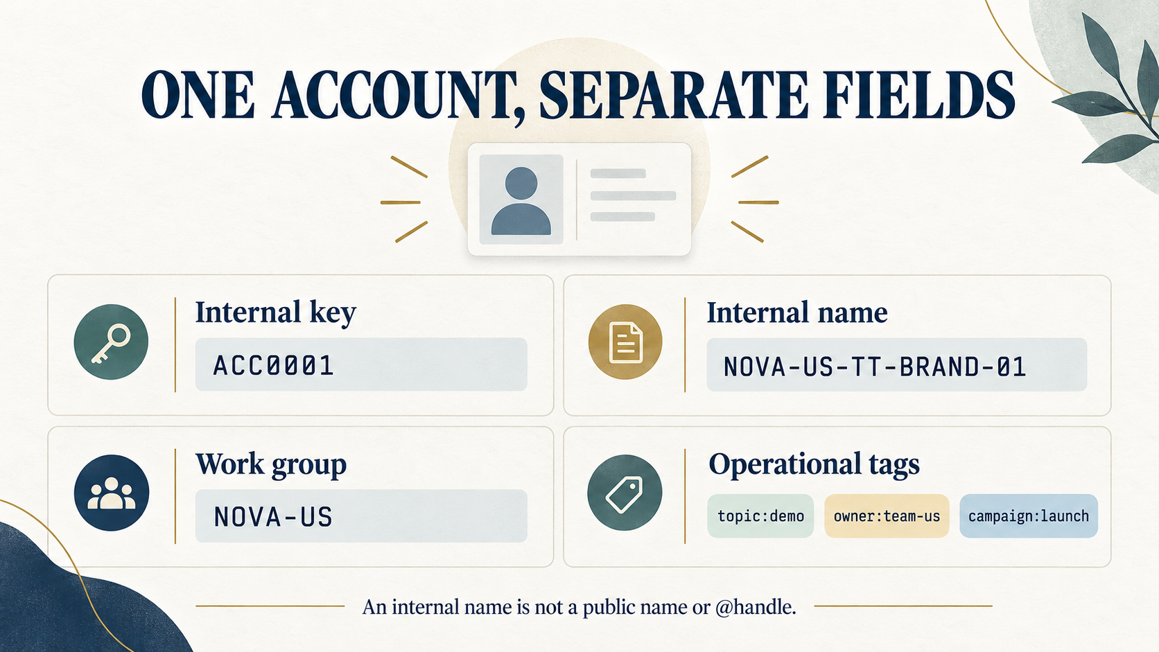 One account stores ACC0001 as its internal key, NOVA-US-TT-BRAND-01 as its internal name, NOVA-US as its work group and separate topic, owner and campaign tags
