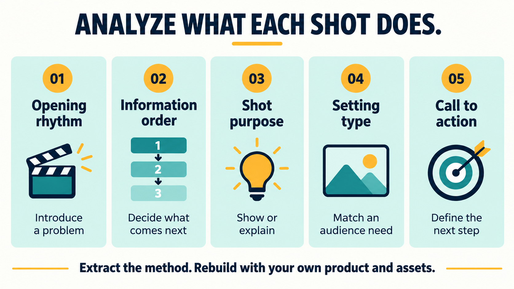 Five video analysis dimensions: opening rhythm, information order, shot purpose, setting type and call to action